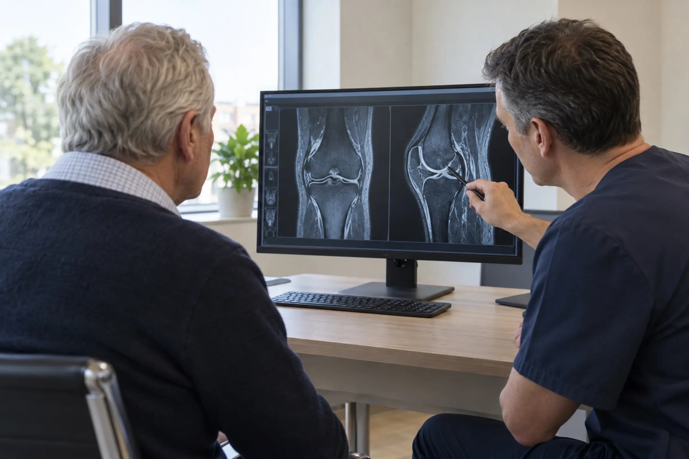 A surgeon and a patient looking at a knee MRI on a monitor in a consultation room
