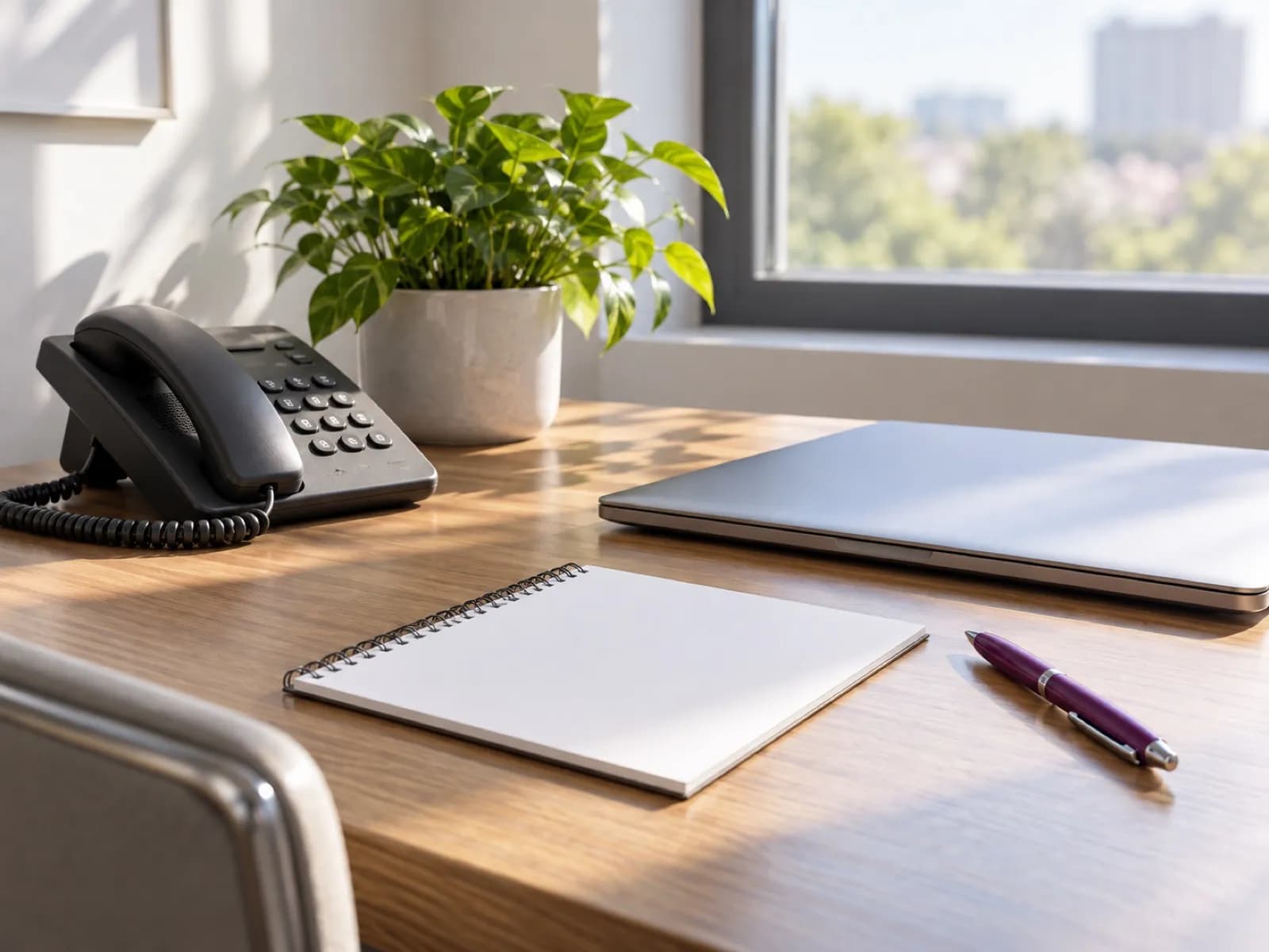 A tidy desk with a landline handset, a laptop and a notepad in morning light