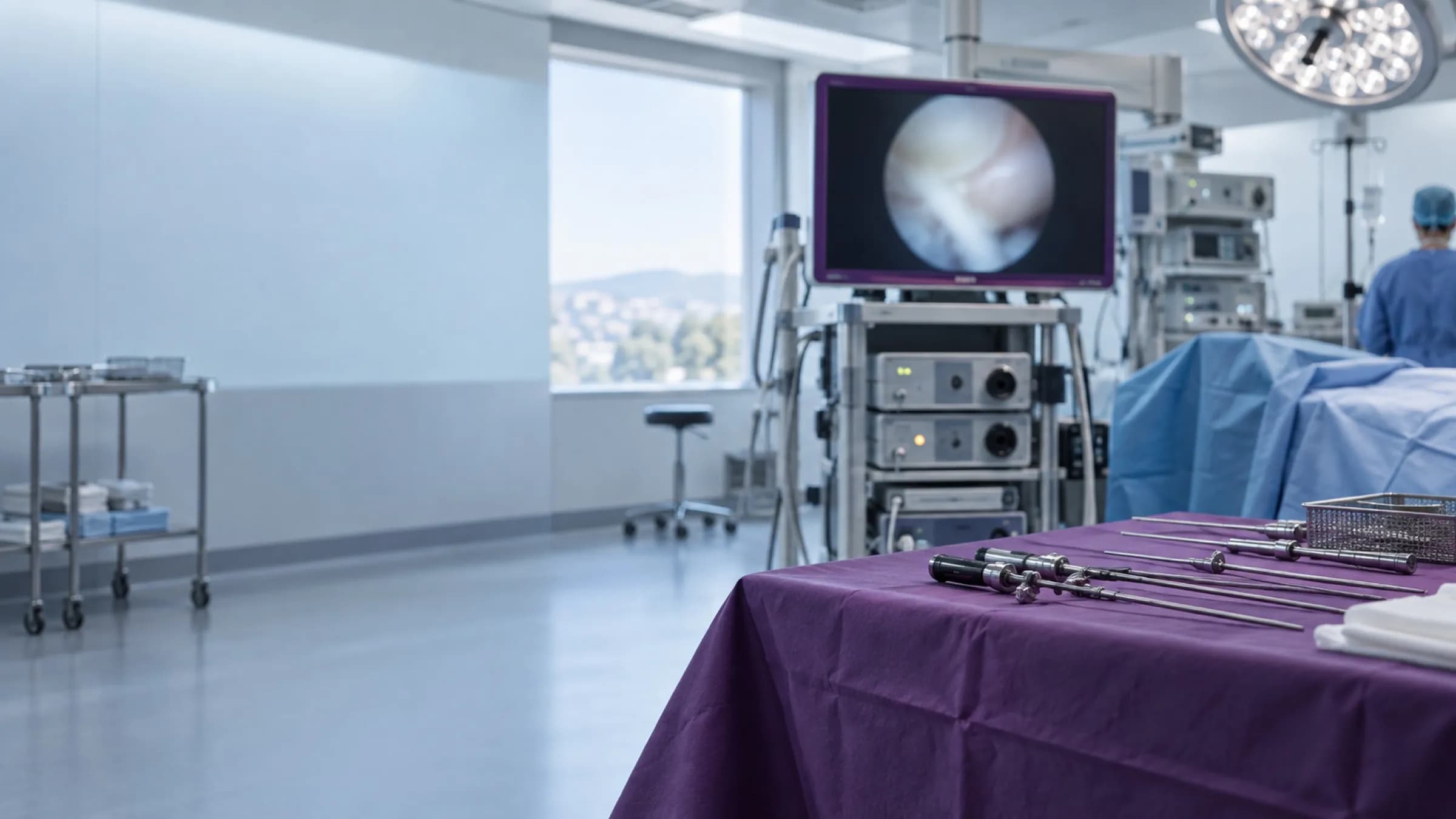 A quiet arthroscopy theatre before a case, with the tower, monitor and draped instrument trolley ready