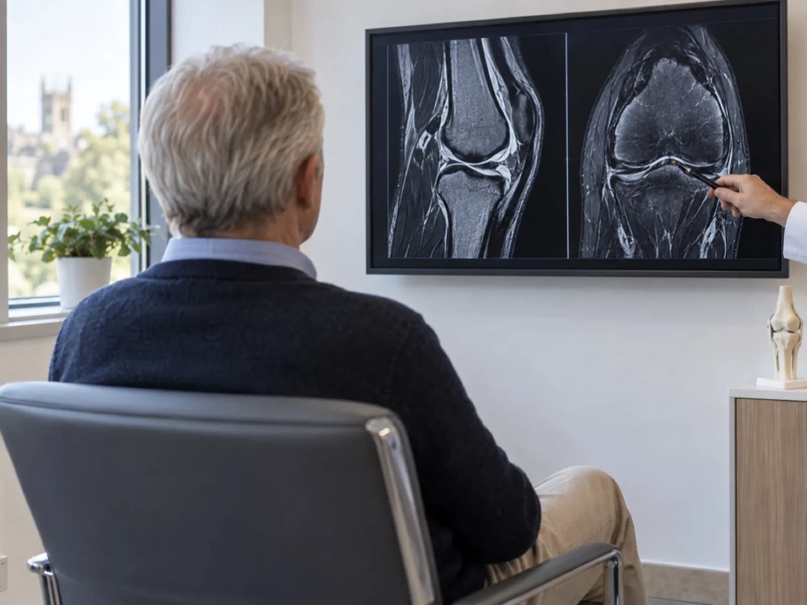 A patient seated in a consultation room looking at a knee MRI on a wall screen